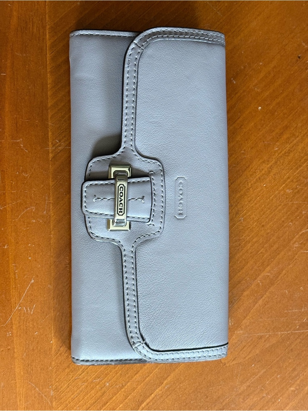 Coach Light Gray Leather Wallet with Signature Buckle